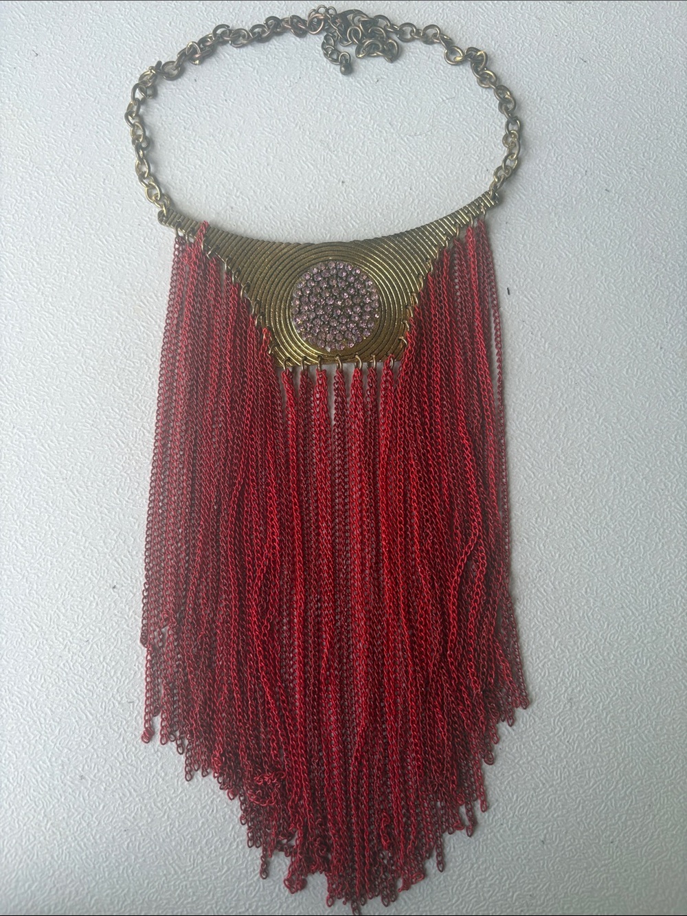 Gold-Tone Red Fringe Bib Necklace with Crystal Accent